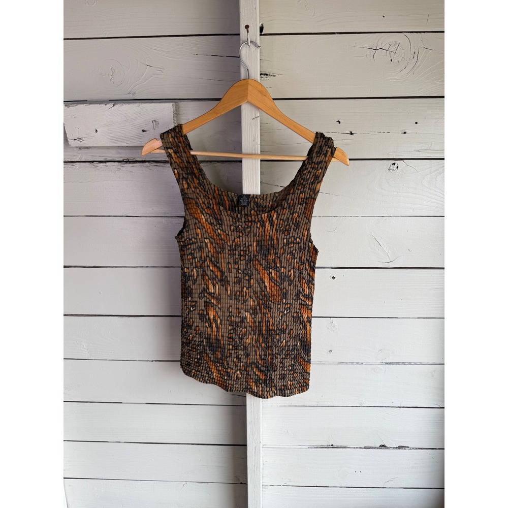 Vintage Popcorn Crinkle Tank Top Abstract Animal Print Brown Orange Stretch L
